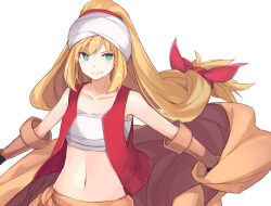 Rule 34 | 1girl, alternate costume, arabian clothes, blonde hair, breasts, brown cloak, brown gloves, chest sarashi, cleavage, cloak, closed mouth, collarbone, commentary request, floating hair, gloves, green eyes, high ponytail, holding, holding clothes, long hair, looking at viewer, low-tied long hair, open clothes, open vest, pants, red vest, sarashi, simple background, small breasts, smile, solo, toromera, tsurumaki maki, turban, upper body, v-shaped eyebrows, very long hair, vest, voiceroid, white background