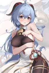 Rule 34 | 1girl, ahoge, arm under breasts, bare arms, bell, blue hair, blush, bodysuit, breasts, clothes pull, embarrassed, ganyu (genshin impact), genshin impact, goat horns, hair between eyes, highres, horns, long hair, looking at viewer, medium breasts, neck bell, open mouth, pantyhose, pulled by self, purple eyes, tassel, thighband pantyhose, vision (genshin impact), zombie ke