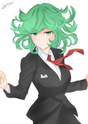 Rule 34 | 1girl, absurdres, alternate breast size, alternate costume, bad id, bad pixiv id, blush, breasts, curly hair, formal, green eyes, green hair, highres, long sleeves, looking at viewer, necktie, office, one-punch man, shde odeenz, short hair, simple background, solo, suit, tatsumaki, telekinesis, uniform, white background