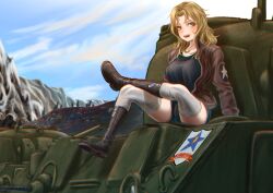 Rule 34 | 1girl, black footwear, black shirt, blonde hair, blue eyes, blue shorts, blue sky, boots, brown jacket, cloud, cloudy sky, commentary, crossed legs, day, denim, denim shorts, emblem, girls und panzer, highres, jacket, kay (girls und panzer), long hair, long sleeves, looking at viewer, m4 sherman, military, military uniform, military vehicle, motor vehicle, mountainous horizon, on vehicle, open clothes, open jacket, open mouth, outdoors, saunders (emblem), saunders military uniform, shirt, short shorts, shorts, sitting, sky, smile, solo, star (symbol), tank, thighhighs, tigern (tigern28502735), uniform, white thighhighs, zipper