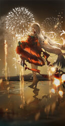 Rule 34 | 1girl, aerial fireworks, ahoge, arknights, arm strap, back bow, bare legs, bare shoulders, barefoot, beach, black bow, black sky, bloom, blurry, blurry background, blurry foreground, boots, bow, bright pupils, chinese commentary, clear sky, collar, commentary request, criss-cross back-straps, depth of field, detached sleeves, dress, dress bow, expressionless, eyelashes, fireworks, fish hair ornament, floating hair, frilled collar, frilled sleeves, frills, from side, full body, gloves, green gloves, grey hair, hair between eyes, hair ornament, hand up, heel up, highres, horizon, light particles, long hair, long sleeves, looking at viewer, looking to the side, low twintails, night, ocean, official alternate costume, outdoors, parted lips, partial commentary, profile, red collar, red dress, red eyes, red sleeves, reflection, reflective water, shade, sidelocks, skadi (arknights), skadi the corrupting heart (arknights), skirt hold, sky, sleeveless, sleeveless dress, smoke, solo, teeth, torn clothes, torn dress, twintails, very long hair, water, white pupils, wide sleeves, x hair ornament, yuuki mix
