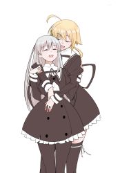 Rule 34 | 2girls, :d, absurdres, ahoge, amano soraha, assault lily, black legwear, black ribbon, blonde hair, blush, buttons, closed eyes, commentary request, cowboy shot, cropped jacket, egawa kusumi, frilled skirt, frills, hair between eyes, hands on another&#039;s arms, hands up, height difference, high-waist skirt, highres, hug, hug from behind, juliet sleeves, leg ribbon, long hair, long sleeves, low ponytail, multiple girls, neck ribbon, open mouth, pantyhose, ponytail, puffy sleeves, ribbon, sasaki33916, school uniform, sidelocks, silver hair, simple background, skirt, smile, standing, thighhighs, very long hair, white background, white ribbon, yuri, yurigaoka girls academy school uniform, zettai ryouiki