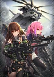 Rule 34 | aircraft, ar-15, arm strap, assault rifle, asymmetrical pants, baek hyang, black gloves, black pants, blue eyes, breasts, brown eyes, brown hair, buckle, ch-53, city, closed mouth, cloud, cloudy sky, detached sleeves, dual wielding, finger on trigger, floating hair, gas mask, girls&#039; frontline, glint, gloves, green hair, green sweater, gun, hair between eyes, helicopter, highres, holding, holding gun, holding weapon, jacket, long hair, looking at viewer, m4 carbine, m4a1 (girls&#039; frontline), m4a1 (mod3) (girls&#039; frontline), magazine (weapon), mask, mod3 (girls&#039; frontline), multicolored hair, multiple girls, open mouth, outdoors, pants, pink hair, ponytail, pouch, ribbed sweater, rifle, running, sidelocks, sky, snap-fit buckle, st ar-15 (girls&#039; frontline), st ar-15 (mod3) (girls&#039; frontline), streaked hair, suppressor, sweater, sweater vest, thigh strap, weapon, weapon bag, wind