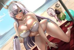 Rule 34 | 1girl, :d, agetama, all fours, anastasia (fate), bare shoulders, beach, bikini, blue eyes, blush, bottle, breasts, cleavage, commission, day, doll, dress, earrings, fate/grand order, fate (series), giving, hair between eyes, hair over one eye, hairband, highres, holding, holding bottle, jewelry, large breasts, long hair, looking at viewer, lotion, necklace, open mouth, outdoors, side-tie bikini bottom, silver hair, skeb commission, smile, solo, strapless, strapless bikini, sweat, swimsuit, thighs, very long hair