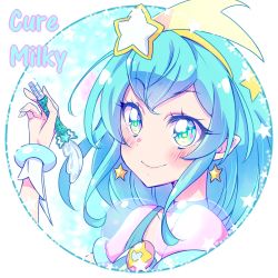 Rule 34 | 1girl, blue choker, blue eyes, blue hair, blush, bracelet, character name, choker, closed mouth, cure milky, earrings, hagoromo lala, hair ornament, hairband, highres, holding, jewelry, kyoutsuugengo, long hair, portrait, precure, see-through, smile, solo, star (symbol), star earrings, star hair ornament, star twinkle precure, yellow hairband
