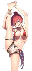Rule 34 | 1girl, absurdres, barefoot, bikini, breasts, earrings, heterochromia, high ponytail, highleg, highleg bikini, highres, hololive, houshou marine, houshou marine (summer), jewelry, large breasts, long hair, looking at viewer, necklace, open mouth, red bikini, red eyes, red hair, shinomu (cinomoon), shorts, solo, split, standing, standing on one leg, standing split, sweat, swimsuit, thigh strap, thighs, trembling, virtual youtuber, white background, white shorts, yellow eyes
