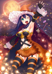 Rule 34 | 1girl, ;d, alternate costume, arm up, armpits, belt, belt buckle, blue hair, breasts, buckle, candy, candy cane, castle, chocolate, cleavage, cloak, detached sleeves, fingerless gloves, fire emblem, fire emblem: path of radiance, fire emblem: radiant dawn, food, frilled hat, frilled sleeves, frills, garter straps, gloves, green eyes, halloween, hat, hat ribbon, lollipop, long hair, looking at viewer, medium breasts, mia (fire emblem), miniskirt, moon, navel, nintendo, one eye closed, open mouth, orange hat, orange skirt, pleated skirt, ribbon, skirt, smile, solo, soyo2106, striped clothes, striped thighhighs, thighhighs, witch hat, zettai ryouiki