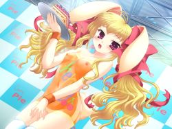 Rule 34 | 1girl, :o, animal ears, antenna hair, berry (peropero sasete), blonde hair, blush, bodypaint, cake, censored, cherry, dutch angle, female focus, flat chest, food, fruit, game cg, long hair, lugosi ela, mosaic censoring, navel, nipples, open mouth, painted clothes, peropero sasete, purple eyes, pussy, rabbit ears, solo, tail, thighhighs, tray, twintails, waitress, white thighhighs