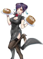 Rule 34 | animal print, black thighhighs, bracelet, breasts, china dress, chinese clothes, cleavage, cleavage cutout, clothing cutout, double bun, dress, dress flower, dumpling, final fantasy, final fantasy vii, final fantasy vii remake, flower, food, foot out of frame, grey dress, hair bun, hair ornament, high heels, highres, holding, holding food, holding plate, jewelry, large breasts, leopard print, looking at viewer, official alternate costume, open mouth, pelvic curtain, plate, print dress, pumps, purple hair, quichi 91, red eyes, red flower, red rose, rose, smile, square enix, swept bangs, tassel, tassel hair ornament, thighhighs, tifa lockhart, tifa lockhart (sporty dress), white background, white footwear