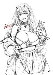 Rule 34 | 1girl, :d, bare shoulders, breasts, cellphone, cleavage, crop top, earrings, fingerless gloves, fishnet pantyhose, fishnets, gloves, goddess of victory: nikke, greyscale, highres, holding, holding phone, horns, jacket, jewelry, large breasts, long hair, long sleeves, mask, mask pull, monochrome, mouth mask, off-shoulder jacket, off shoulder, open clothes, open jacket, open mouth, pantyhose, partially unzipped, phone, pleated skirt, sidelocks, signature, single earring, sketch, skirt, smartphone, smile, solo, tina inekun, viper (nikke), zipper