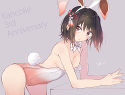 Rule 34 | 10s, 1girl, adapted costume, alternate costume, animal ears, anniversary, bare arms, bare shoulders, bent over, blush, bow, bowtie, breasts, brown eyes, brown hair, cleavage, cowboy shot, fake animal ears, grey background, hair ornament, hairpin, hanging breasts, highres, kantai collection, leotard, medium breasts, playboy bunny, pout, rabbit ears, rabbit tail, red leotard, sendai (kancolle), sendai kai ni (kancolle), short hair, signature, simple background, solo, standing, strapless, strapless leotard, tail, tareme, tassel, tebi (tbd11), thighs, white bow, white bowtie, white leotard
