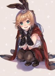 Rule 34 | 10s, 1girl, bad id, bad pixiv id, black gloves, black pantyhose, brown hair, cape, clarisse (granblue fantasy), gloves, granblue fantasy, hair ribbon, kerorira, long hair, pantyhose, ponytail, ribbon, smile, solo, squatting