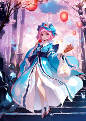 Rule 34 | 1girl, arm garter, bag, black footwear, blue dress, blue hat, blue sash, breasts, bug, butterfly, candy apple, commentary request, dress, food, full body, hand up, hat, highres, holding, holding bag, holding food, ikayaki, insect, ke-ta, looking at viewer, mob cap, obi, parted lips, pink eyes, pink hair, saigyouji yuyuko, sash, shoes, short hair, small breasts, smile, socks, solo, stairs, standing, touhou, triangular headpiece, white socks