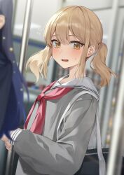 Rule 34 | 2girls, :d, absurdres, azusawa kohane, bag, blonde hair, blurry, blurry background, blush, commentary, depth of field, grey shirt, hair between eyes, highres, holding, holding bag, lips, long sleeves, looking at viewer, multiple girls, neckerchief, open mouth, outdoors, parted lips, project sekai, red neckerchief, sailor collar, school bag, school uniform, serafuku, shiraishi an, shirt, short hair, sidelocks, smile, solcha, solo focus, sweatdrop, tongue, twintails, upper body, wide sleeves, yellow eyes