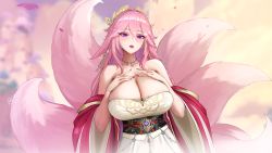Rule 34 | 1girl, alternate breast size, bare shoulders, breasts, cleavage, detached sleeves, fox tail, genshin impact, hair ornament, hand on own chest, highres, jewelry, large breasts, looking at viewer, mole, mole on breast, nail polish, pink hair, purple eyes, tail, tsuki no i-min, upper body, wide sleeves, yae miko