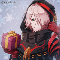 Rule 34 | 1boy, black coat, box, coat, colored skin, eeveetachi, eyeshadow, fate/grand order, fate (series), gift, gift box, gift wrapping, gloves, green eyes, hair over one eye, highres, holding, holding gift, hood, hood up, karna (fate), karna (santa) (fate), looking at viewer, makeup, male focus, pink hair, red gloves, short hair, smile, snowflakes, solo, tsurime, upper body, white skin