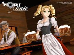 Rule 34 | 1boy, 1girl, alcohol, bar (place), bavarian, beer, blonde hair, breasts, brunhilde rauschenberg, chair, cleavage, dirndl, drill hair, german clothes, german text, glass, green eyes, happy, indoors, lone wolf, long hair, projekt muse, smile, table, text focus, traditional clothes, translated, window