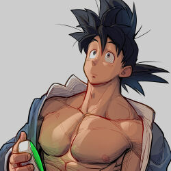 Rule 34 | 1boy, bare pectorals, black hair, closed mouth, collarbone, dragon ball, dragon radar, dragonball z, hair between eyes, highres, holding, looking up, male focus, medium hair, muscular, muscular male, nipples, open clothes, pectorals, simple background, solo, son goku, spiked hair, supobi