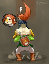Rule 34 | !, 1boy, 1girl, anal, anilingus, ass, ass grab, blush, bottomless, cowgirl position, falling, hands on ass, head in ass, head insertion, hetero, highres, huge ass, large insertion, link, looking down, medli, nintendo, oral, sex, sitting, sitting on face, sitting on head, sitting on person, sitting on shoulder, sitting on shoulders, standing, straddling, the legend of zelda, toon link, uncensored, wide hips