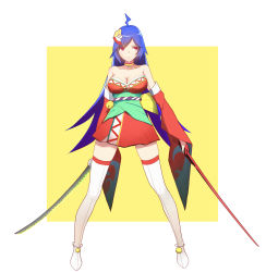 Rule 34 | 1girl, bare shoulders, bili girl 22, bilibili, blue hair, breasts, cleavage, closed mouth, collarbone, dual wielding, full body, hair ornament, highres, holding, holding sword, holding weapon, large breasts, long hair, looking away, red eyes, solo, sword, thighhighs, very long hair, vic (vedream), weapon