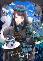 Rule 34 | 1girl, ado (utaite), adorozatorumary, black bow, black bowtie, black corset, black dress, black gloves, black hair, blue butterfly, blue eyes, blue flower, blue hair, blue rose, bouquet, bow, bowtie, bug, butterfly, cake, chando (ado), character name, cloud nine inc, colored inner hair, commentary request, corset, cowboy shot, dated, dress, flower, flower brooch, food, gloves, ha-chan (ado), happy birthday, head wreath, highres, holding, holding bouquet, holding plate, insect, long hair, long sleeves, mole, mole under eye, multicolored hair, parted lips, plate, rose, sanrio, sidelocks, solo, utaite, wasabe1020