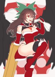 Rule 34 | 1girl, absurdres, arm cannon, bird wings, black wings, boots, bow, breasts, brown hair, capelet, christmas, cleavage, commentary, english commentary, green bow, hair bow, highres, holding, holding sack, large breasts, leg up, long hair, looking at viewer, open mouth, red capelet, red eyes, reiuji utsuho, sack, santa costume, solo, thigh boots, thighhighs, third eye, toetekenxal, touhou, weapon, wings