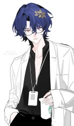 Rule 34 | 1boy, black shirt, blue hair, closed mouth, coat, dr. ratio (honkai: star rail), glasses, hair between eyes, hair ornament, highres, honkai: star rail, honkai (series), kayu (yukagoin), long sleeves, looking at viewer, male focus, red eyes, shirt, short hair, simple background, solo, white background, white coat