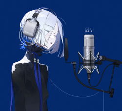 Rule 34 | 1girl, absurdres, black sweater, blue background, blue hair, blue ribbon, breasts, chinese commentary, closed eyes, commentary request, copyright request, eyes visible through hair, from side, headphones, highres, long sleeves, microphone, multicolored hair, parted lips, ribbon, short hair, silver hair, simple background, solo, streaked hair, sweater, tizibade, translation request, turtleneck, turtleneck sweater, upper body