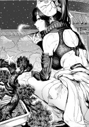 1girl, arm guards, armor, bangs, bonsai, bra, breasts, breath, cup, fox mask, from behind, gesogeso, greyscale, high ponytail, highres, holding, holding cup, japanese clothes, long hair, looking at viewer, mask, mask on head, monochrome, original, plant, potted plant, scar, scar on arm, scar on back, scar on face, shuriken, smile, snowing, solo, squatting, thighs, tongue, tongue out, tree, underwear, wall