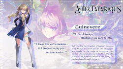 Rule 34 | 1girl, aqua eyes, artist name, aster tatarix, blonde hair, boots, breasts, catchphrase, character name, da-kuro, detached sleeves, dress, english text, full body, guinevere (aster tatarix), hand on own hip, highres, information sheet, long hair, looking at viewer, medium breasts, purple background, skirt, smile, twintails