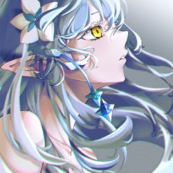 Rule 34 | 1girl, bare shoulders, collarbone, elf, eyebrows hidden by hair, flower, from side, grey background, hair behind ear, hair flower, hair ornament, highres, hololive, long hair, looking up, natsume hinako, parted lips, pointy ears, solo, virtual youtuber, white flower, yellow eyes, yukihana lamy