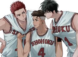 Rule 34 | 3boys, basketball jersey, basketball uniform, beaker pour, bishounen, black eyes, black wristband, brown eyes, brown hair, buzz cut, clothes grab, earrings, hand on own hip, highres, jewelry, looking at another, male focus, miyagi ryouta, multiple boys, pectoral cleavage, pectorals, red hair, red wristband, rukawa kaede, short hair, slam dunk (series), sportswear, stud earrings, sweat, tank top, toned, toned male, undercut, upper body, very short hair, wavy hair, white background, white tank top