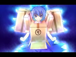 Rule 34 | circled 9, 1girl, armored core, aura, bad id, bad pixiv id, blue eyes, blue hair, bow, cardboard box gundam, cirno, fairy, fighting stance, from software, glowing, hair bow, letterboxed, matching hair/eyes, nineball=cirno, nineball seraph, short hair, smile, solo, touhou, wings, yanagi ryou
