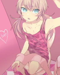 Rule 34 | 1boy, blue eyes, camouflage, english text, heart, inazuma eleven (series), inazuma eleven go, indoors, kirino ranmaru, long hair, male focus, nail polish, open mouth, pink hair, pink nails, pink theme, shirota69, sitting, solo, strap slip, toilet, toilet paper, toilet use, twintails