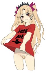 Rule 34 | 1girl, blonde hair, blonde pubic hair, blush, bottomless, earrings, ereshkigal (fate), fate/grand order, fate (series), female pubic hair, holding, holding clothes, holding shirt, jewelry, long hair, no panties, orange eyes, parted bangs, parted lips, presenting, presenting pussy, print shirt, pubic hair, red shirt, ribbon, shirt, short sleeves, smile, t-shirt, third-party edit, tiara, twintails, wulazula