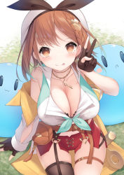 Rule 34 | 1girl, :p, atelier (series), atelier ryza, atelier ryza 2, bare shoulders, belt, belt pouch, beret, black bra, black gloves, black ribbon, black thighhighs, blush, bra, bra peek, braid, breasts, brown eyes, brown hair, buckle, cisyo, cleavage, closed mouth, creature, detached sleeves, from above, garter straps, gloves, hat, hat ribbon, highres, jewelry, key, large breasts, long sleeves, looking at viewer, looking up, necklace, partially fingerless gloves, pouch, red shorts, reisalin stout, ribbon, short hair, short shorts, shorts, side braid, single detached sleeve, single thighhigh, sitting, slime (creature), smile, solo, thigh strap, thighhighs, tongue, tongue out, underwear, v, vest, white hat, white vest