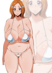 Rule 34 | 1girl, absurdres, areola slip, bare arms, bare legs, bare shoulders, bikini, bikini bottom only, black eyes, bleach, blush, breasts, cleavage, closed mouth, cowboy shot, curvy, female focus, groin, happy, highres, huge breasts, impossible clothes, inoue orihime, large areolae, legs, light blush, long hair, looking at viewer, mole, mole on breast, mole under mouth, mucc (ren0522), navel, nose blush, orange hair, plump, revealing clothes, shiny skin, simple background, smile, solo, standing, sweat, swimsuit, thick thighs, thighs, white background, white bikini, wide hips, zoom layer