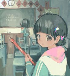 Rule 34 | 2girls, black eyes, black hair, blunt bangs, broom, chalkboard, child, chinese text, classroom, cleaning, clock, commentary, desk, double bun, facing away, hair bun, holding, holding broom, hood, hood down, indoors, lectern, looking back, multiple girls, original, rainbow hair ornament, red medicine, short hair, solo focus, stool, symbol-only commentary, upper body, wall clock