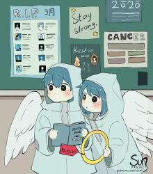 Rule 34 | 2others, angel, angel wings, artist logo, black hair, blue hair, book, commentary, english commentary, holding, holding book, hood, hood up, hooded coat, looking to the side, mimi n, multiple others, original, poster (object), short hair, wings