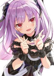 Rule 34 | 1girl, absurdres, bare shoulders, blue hair, blush, bow, detached collar, double v, dress, fangs, frills, gothic lolita, hair bow, hands up, highres, hololive, lolita fashion, long hair, looking at viewer, off-shoulder dress, off shoulder, open mouth, red eyes, short sleeves, sidelocks, skin fangs, smile, solo, toshizou (0714), two side up, upper body, uruha rushia, uruha rushia (3rd costume), v, virtual youtuber, white background, wrist cuffs