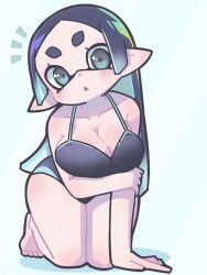 Rule 34 | 1girl, all fours, arm under breasts, black one-piece swimsuit, blush, breast hold, breasts, cleavage, collarbone, halterneck, hekoningyou (waraningyou), highres, inkling, inkling girl, inkling player character, large breasts, long hair, looking at viewer, nintendo, one-piece swimsuit, short eyebrows, solo, splatoon (series), swimsuit, tentacle hair