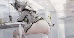 Rule 34 | 1girl, animal ears, arknights, ass, back, bags under eyes, bare shoulders, breasts, censored, clothes lift, commentary, dress, dress lift, drink, english commentary, green eyes, grey hair, highres, jacket, kal&#039;tsit (arknights), large breasts, long hair, material growth, medium breasts, mosaic censoring, off shoulder, oripathy lesion (arknights), paid reward available, pussy, rkzrok, sitting, solo, tail, variant set
