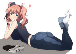 Rule 34 | 1girl, alternate costume, alternate hairstyle, ass, bare shoulders, blue eyes, blush, breasts, denim, eyelashes, full body, hair ornament, heart, highres, jeans, kantai collection, large breasts, legs, long hair, looking at viewer, looking back, lying, nel-c, on stomach, pants, pink hair, ribbed shirt, saratoga (kancolle), shirt, shoes, unworn shoes, simple background, sleeveless, sleeveless shirt, smile, smokestack, smokestack hair ornament, socks, solo, thighs, twintails, watch, white background, white socks, wristwatch