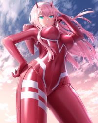 Rule 34 | &gt;:), 10s, 1girl, arm up, blue eyes, blue sky, bodysuit, breasts, closed mouth, cloud, cloudy sky, commentary request, contrapposto, covered navel, darling in the franxx, day, from below, goribote, hair between eyes, hand on own hip, head tilt, highres, horns, large breasts, long hair, looking at viewer, looking down, outdoors, pilot suit, pink hair, red bodysuit, sky, smile, solo, standing, v-shaped eyebrows, very long hair, zero two (darling in the franxx)