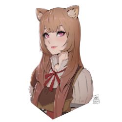 Rule 34 | 1girl, animal ears, breasts, brown hair, high collar, highres, inhoso, long hair, looking at viewer, multicolored clothes, neck ribbon, pink eyes, portrait, raccoon ears, raccoon girl, raphtalia, red ribbon, ribbon, sidelocks, simple background, small breasts, smile, solo, tate no yuusha no nariagari, upper body, white background