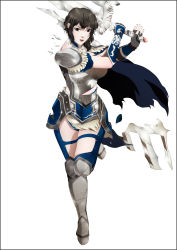 Rule 34 | 1girl, absurdres, armor, black eyes, black hair, breasts, cape, highres, large breasts, legs, looking at viewer, shin sangoku musou, short hair, shoulder pads, simple background, solo, standing, thighs, torn clothes, wang yi, weapon, white background, yadokari genpachirou