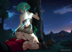 Rule 34 | 1boy, 1girl, against tree, anus, aqua eyes, aqua hair, ass, ass support, back, bare shoulders, bob cut, bound, bound arms, brown gloves, cunnilingus, deep skin, fairy, fairy wings, femdom, girl on top, gloves, hand on own ass, hetero, lips, looking back, muscular, night, oral, original, outdoors, pectorals, pointy ears, pussy, pussy juice, see-through, short hair, sitting, sitting on face, sitting on person, snortzog, strapless, tree, uncensored, wings