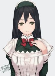 Rule 34 | 10s, 1girl, alternate costume, artist name, black hair, breasts, brown eyes, chikuma (kancolle), dated, grey background, headdress, kantai collection, long hair, looking at viewer, maid, rokuwata tomoe, simple background, smile, solo, twitter username