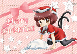 Rule 34 | 1girl, all fours, animal ears, bad id, bad pixiv id, biting, brown eyes, brown hair, cat ears, cat girl, cat tail, chen, female focus, mouse (animal), mouth hold, multiple tails, pantyhose, sack, santa costume, short hair, solo, star (symbol), tail, touhou, yamami-hosyo