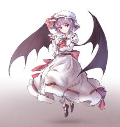 Rule 34 | 1girl, ascot, bad id, bad twitter id, bat wings, colorized, dress, full body, gradient background, hat, hat ribbon, light purple hair, long sleeves, looking at viewer, md5 mismatch, minust, mob cap, pointy ears, puffy sleeves, red eyes, remilia scarlet, resized, ribbon, sash, shoes, sketch, slit pupils, socks, solo, touhou, white socks, wings